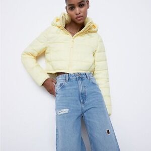 ZARA Cropped Puffer Jacket Hooded Quilted Pastel Yellow Casual Outerwear Size XS